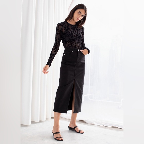 & Other Stories Front Split Denim Black Midi Skirt - Picture 2 of 5